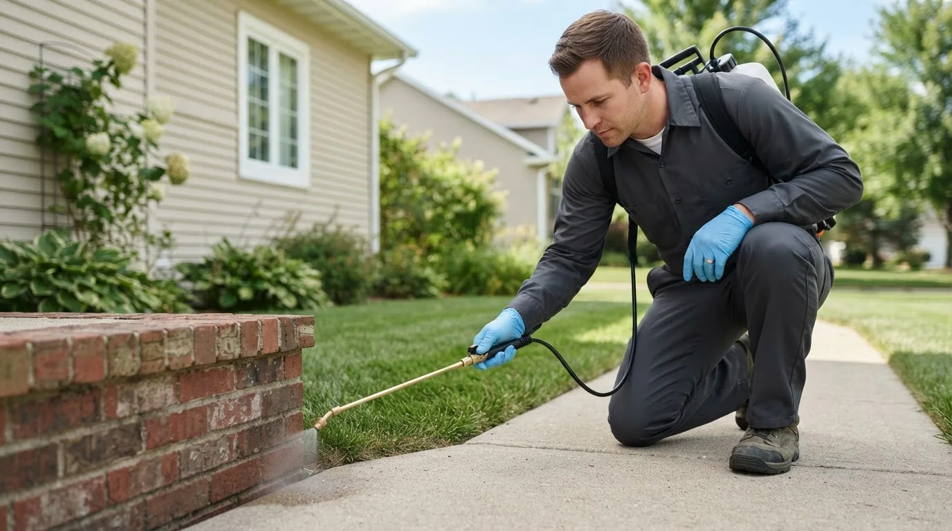 Pest control technician treating a home near Windsor, VT